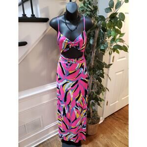 Sevengate Maxi Dress Womens L Multi Geo Print Cut Out Ankle Slit Spaghetti Strap